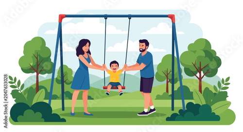 Fotografie Flat style vector illustration of parent pushing child on swing in playground, j