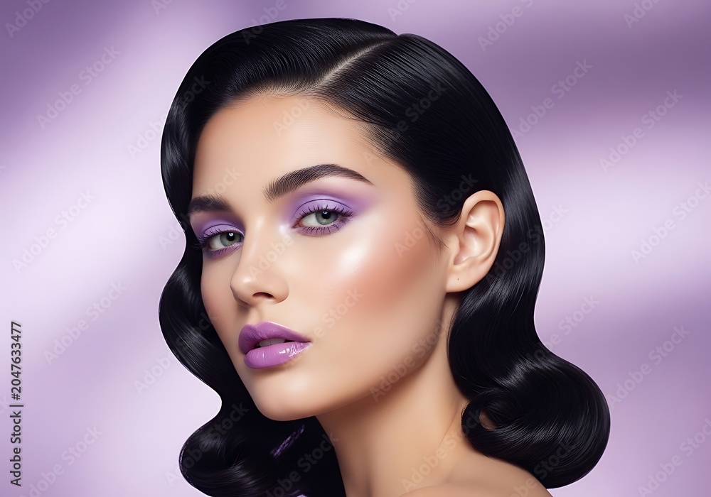 Fototapeta premium Stunning portrait of a woman with glamorous purple makeup and vintage hair