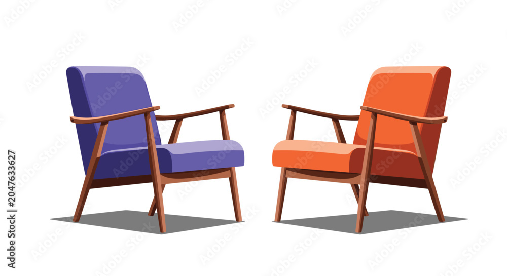 Obraz premium Two stylish mid-century modern armchairs in vibrant purple and orange colors facing each other for a comfortable and cozy conversation area.