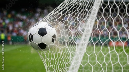 Soccer ball flying into goal net during intense outdoor match with dramatic lighting