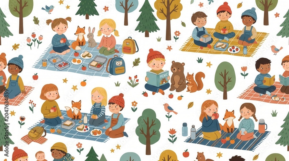 Naklejka premium Young children enjoy autumn picnics and reading with friendly forest animals among colorful trees