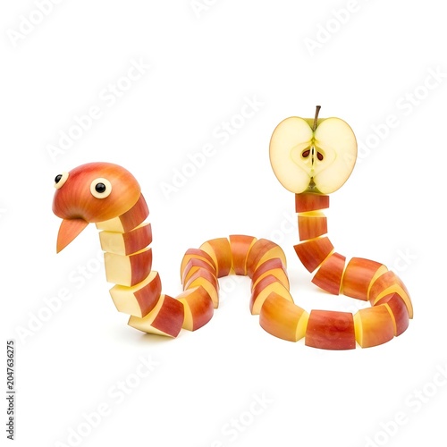 Whimsical Red Apple Snake Food Art with Playful Eyes and Unique Half-Apple Tail.