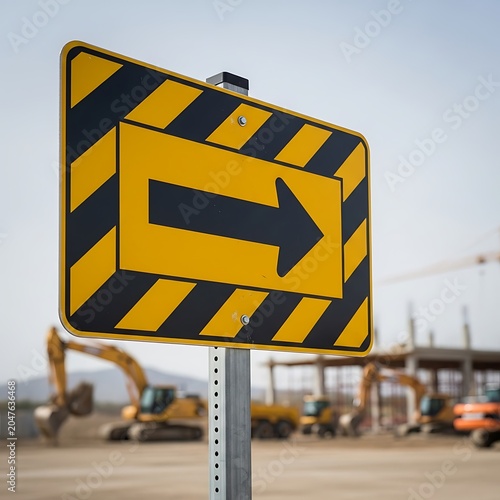 Yellow and Black Diagonal Stripe Construction Warning Sign with Right Arrow, Blurred Industrial Background.