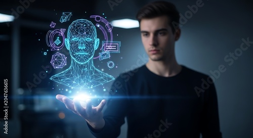 Young Man Interacting with Futuristic Holographic AI Brain Interface in Dark, Modern Environment.