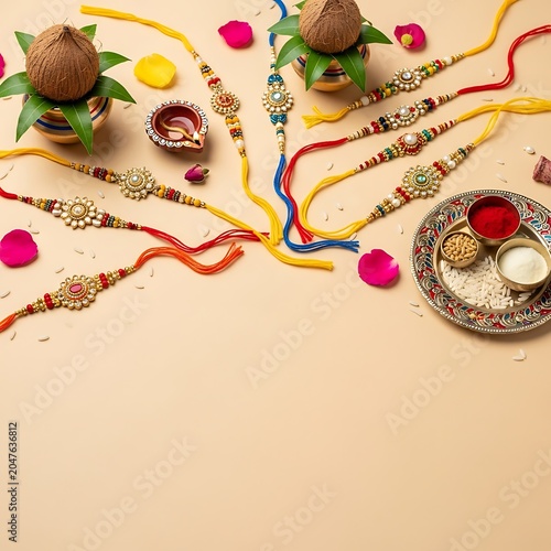 Vibrant Raksha Bandhan Flat Lay with Colorful Rakhis, Puja Thali, and Coconuts on a Beige Background.
