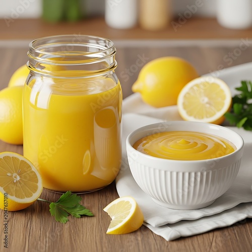 Vibrant Homemade Lemon Curd in Jar and Bowl with Fresh Lemons and Parsley.