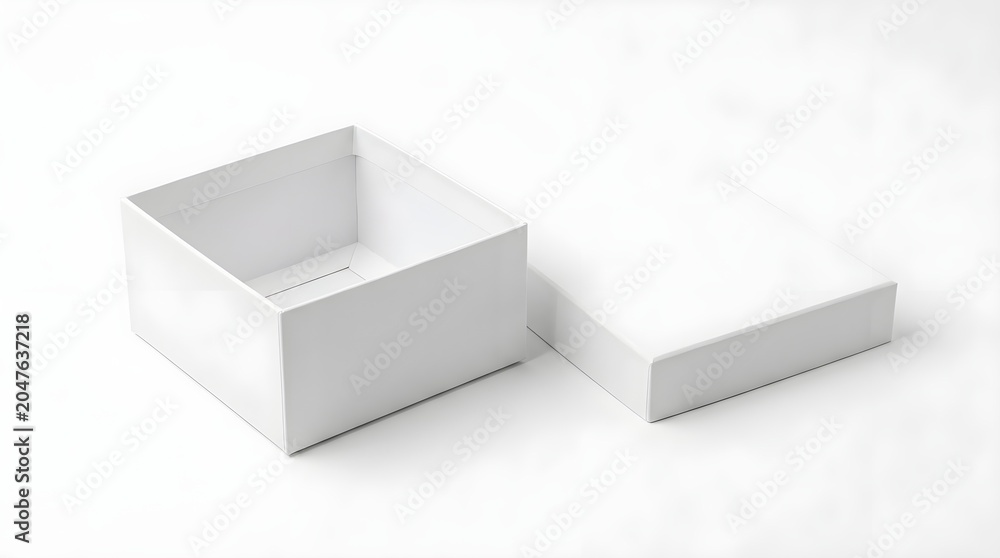 Fototapeta premium A blank white open rectangular container with its lid resting beside it presenting an empty space for a gift or product presentation on a neutral surface perfect for creative design projects and
