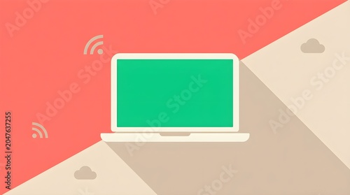 Flat design laptop computer with green screen displaying connectivity symbols and cloud icons on a split color surface representing remote access and digital communication for business and