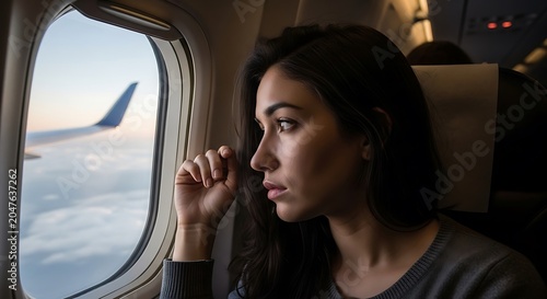 Young Woman Gazes Thoughtfully Out Airplane Window at Wing and Clouds During Flight.