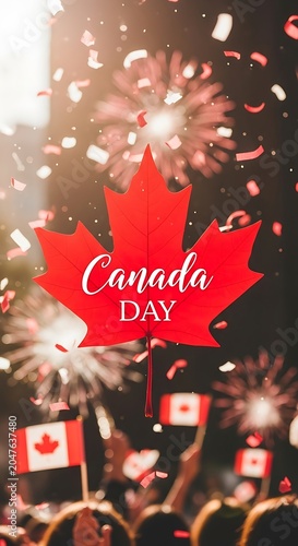 Vibrant Canada Day Celebration with Red Maple Leaf, Fireworks, and Confetti.