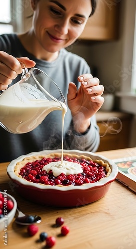 Woman Joyfully Pours Cream Over Freshly Baked Cherry Pie in Cozy Kitchen.