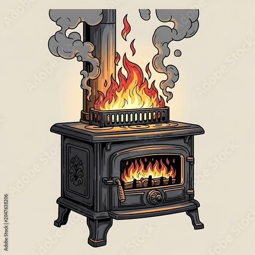 Vintage Cast Iron Wood Stove Radiating Warmth with Vibrant Flames and Billowing Smoke.