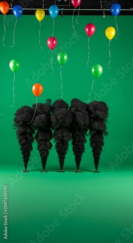 Whimsical Black Ice Cream Cones Adorned with Floating Balloons Against Vibrant Green Backdrop.