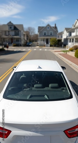 White Sedan Driving Down Sunny Suburban Street Lined with Houses.