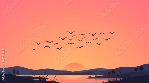 Birds flying across sunset sky Ai Generated