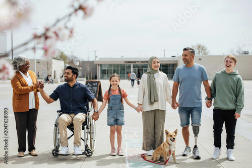 A diverse group of professional business people and young urban friends walk together down a bustling city street