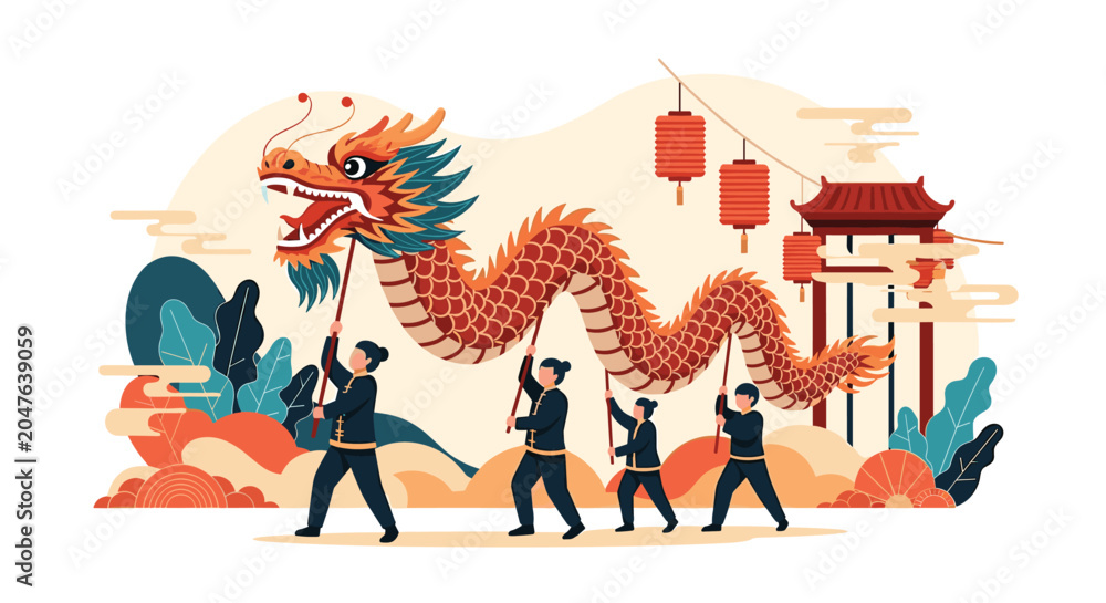 Fototapeta premium Traditional chinese dragon dance celebration features performers carrying a long dragon through a festive landscape.