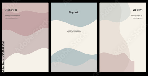 Obraz na plátně Set of three modern abstract posters with organic fluid shapes in pastel colors, minimalist contemporary wall art