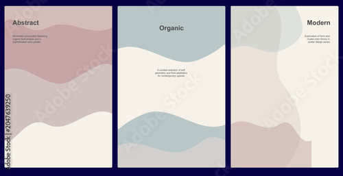 Obraz na plátně Set of three modern abstract posters with fluid organic shapes and soft pastel color palette for contemporary interior design