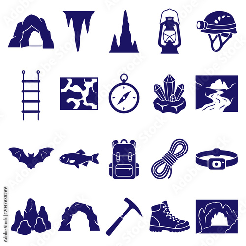 Bild auf Leinwand Speleology and caving expedition equipment icons with speleology, expedition