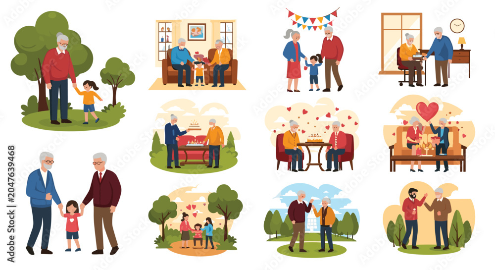 Fototapeta premium Heartwarming collection of scenes shows senior citizens interacting with grandchildren and friends in various settings.