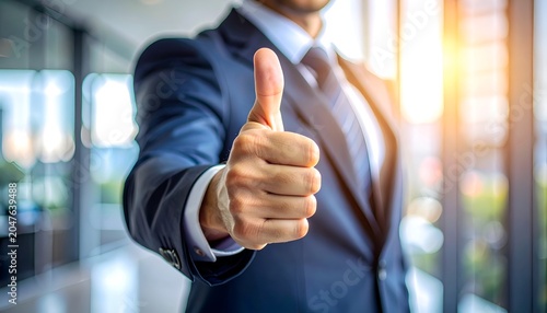 Businessman gives thumbs-up gesture in bright office setting