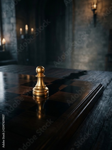 A golden chess pawn casts the shadow of a King, a conceptual metaphor for hidden potential, future success, and ambition.