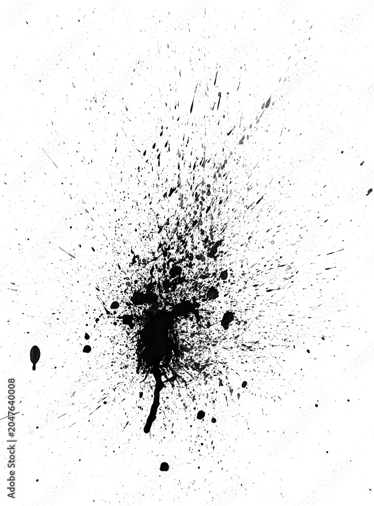 Fototapeta premium Black blood splatter texture with ink splashes isolated on white background