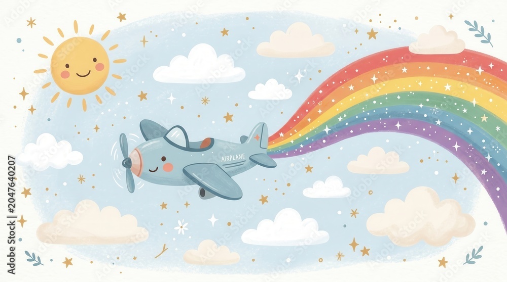 Fototapeta premium Smiling blue airplane soars past fluffy white clouds and a happy sun, trailing a vibrant rainbow