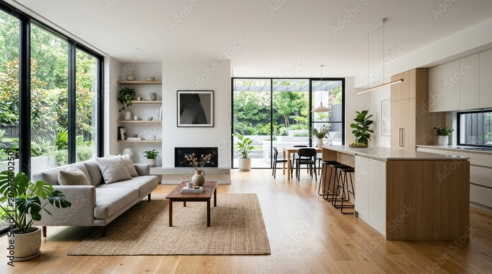 Naklejka premium Modern Open Plan Living Room and Kitchen with Garden Views