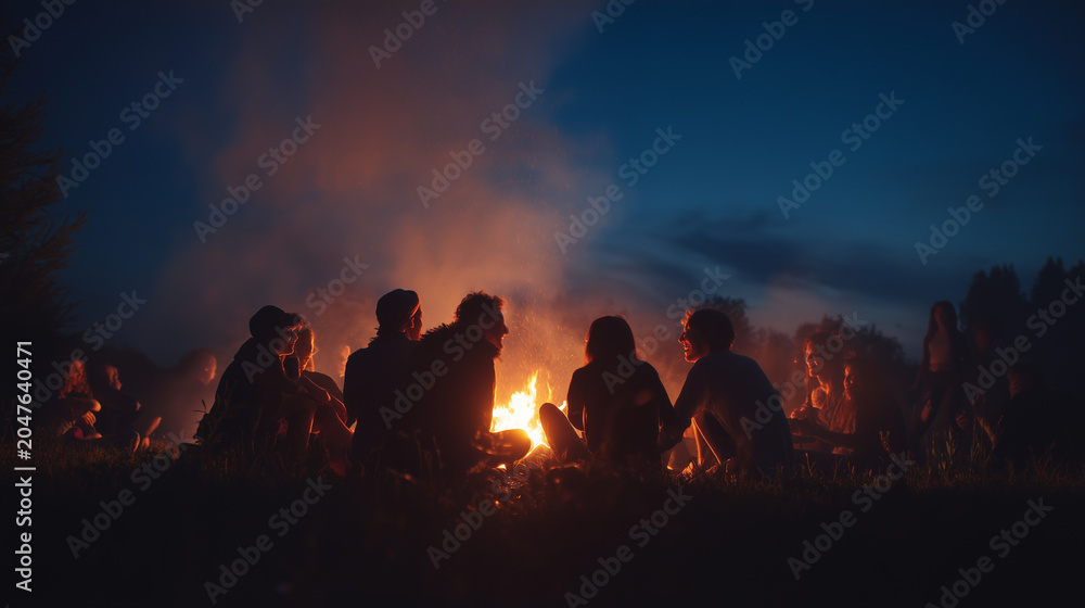 Fototapeta premium International Friendship Day evening bonfire with friends in nature, warm firelight celebration, outdoor community gathering, friendship, trust, unity, support, kindness, camping a