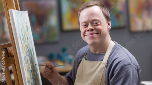 Inclusive art class portrait of smiling young man with Down syndrome painting at easel, creative disability representation, acceptance, confidence, kindness, support, art therapy,