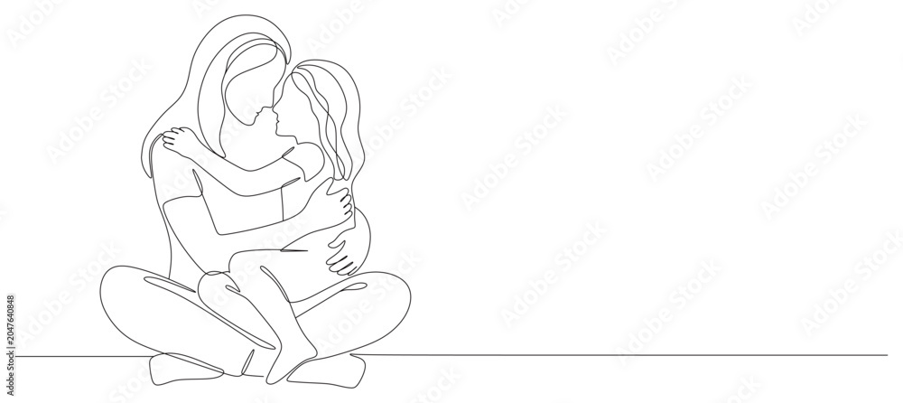 Fototapeta premium A minimalist continuous line drawing depicting a mother sitting cross-legged while lovingly embracing her young daughter.