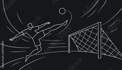 Canvas Print Soccer player in mid-air kicking a ball towards goal with dynamic lines illustra