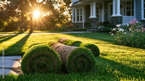 New Lawn Installation: Rolls of fresh sod lie on a perfectly manicured green lawn, ready for installation in front of a beautiful suburban house during a golden sunset.