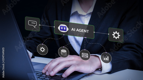 AI agent in action: A person's hands typing on a laptop with an AI agent interface displayed, symbolizing advanced technology and automation.