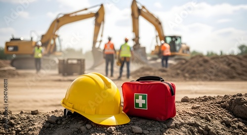 Yellow hard hat and red first aid kit on construction site ground with excavators and workers in background