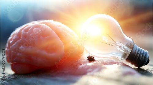 Inspiration Concept with Illuminated Idea Bulb Embedded in Brain Structure