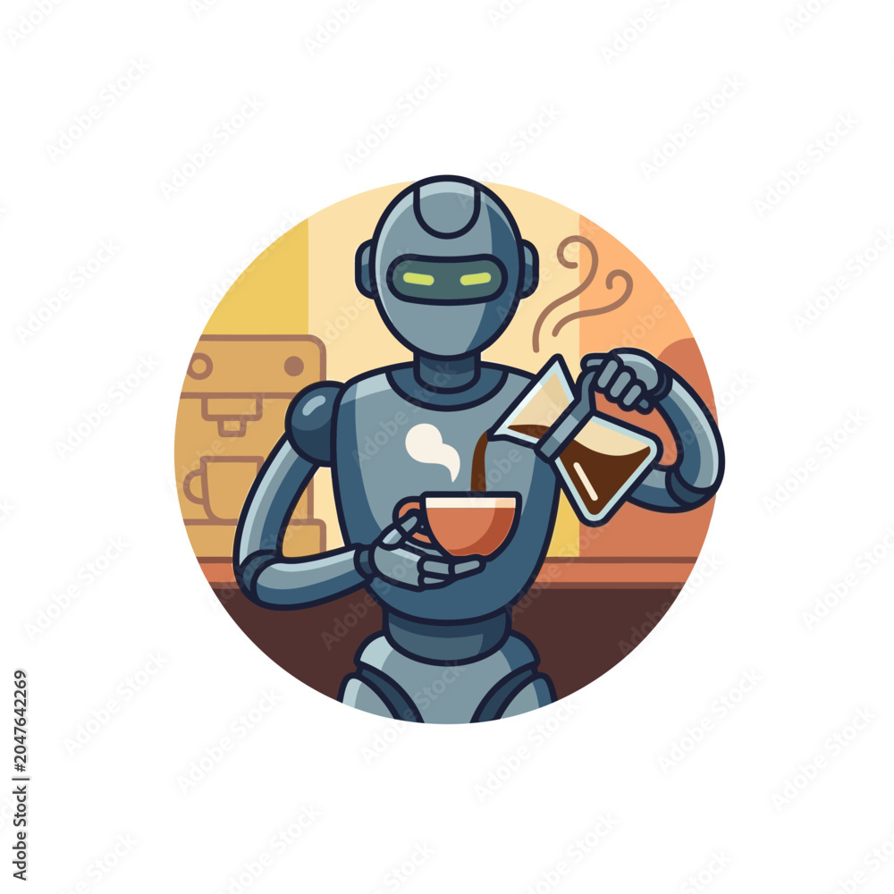 Naklejka premium Android robot barista pouring coffee from a carafe.