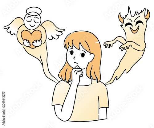 迷って悩む若い女性と、左右に現れた天使と悪魔のシンプルなイメージイラスト