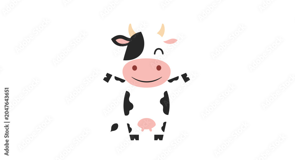 Naklejka premium Adorable cartoon illustration of a smiling black and white dairy cow standing upright with its arms wide open.