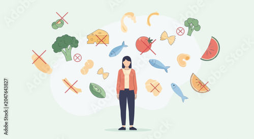 Bild auf Leinwand Woman Surrounded by Restricted Food Choices