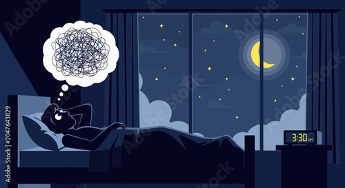 Foto Woman struggling with insomnia in a dark bedroom at night