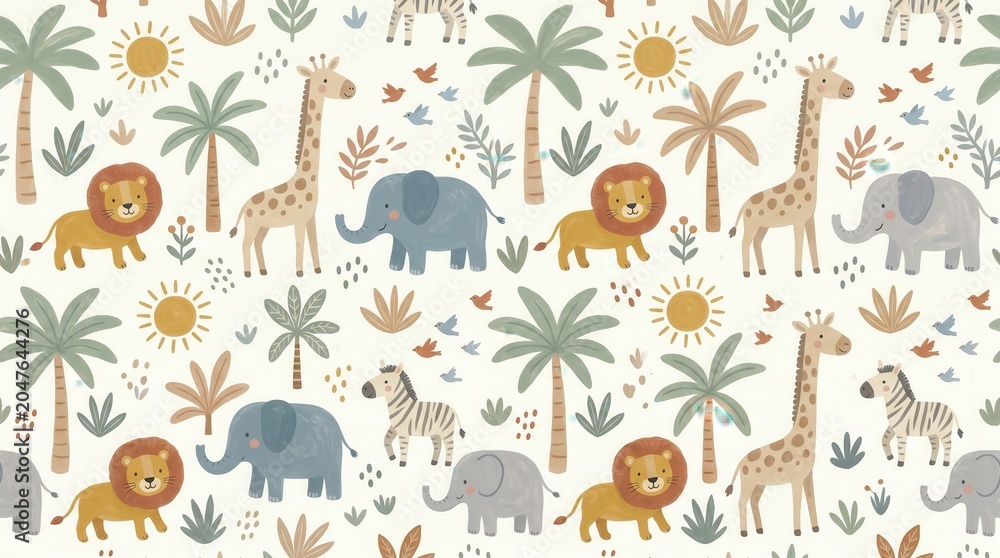 Obraz premium Charming illustrations of lions, giraffes, elephants, zebras, palm trees, sun, and birds