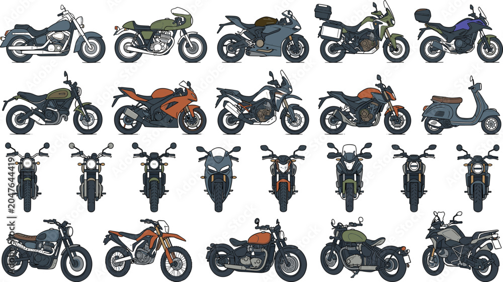 Fototapeta premium Motorcycle Variety Set Featuring Side Profile And Front View Designs For Automotive Retail And Transportation Infographics Vector Illustration