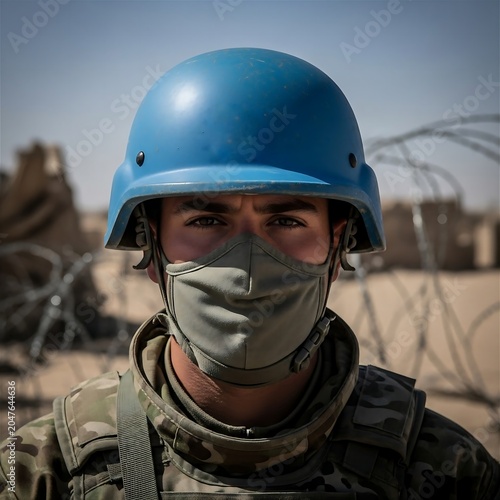 Detailed Close Up Shot of a Blue Helmeted Soldier Wearing a Protective Face Mask and Camouflage Uniform in a Desert Environment, International Peacekeeper
