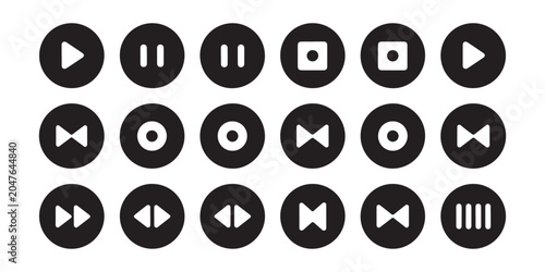 Photos Dynamic collection of black circular playback control icons designed for user interface and media software