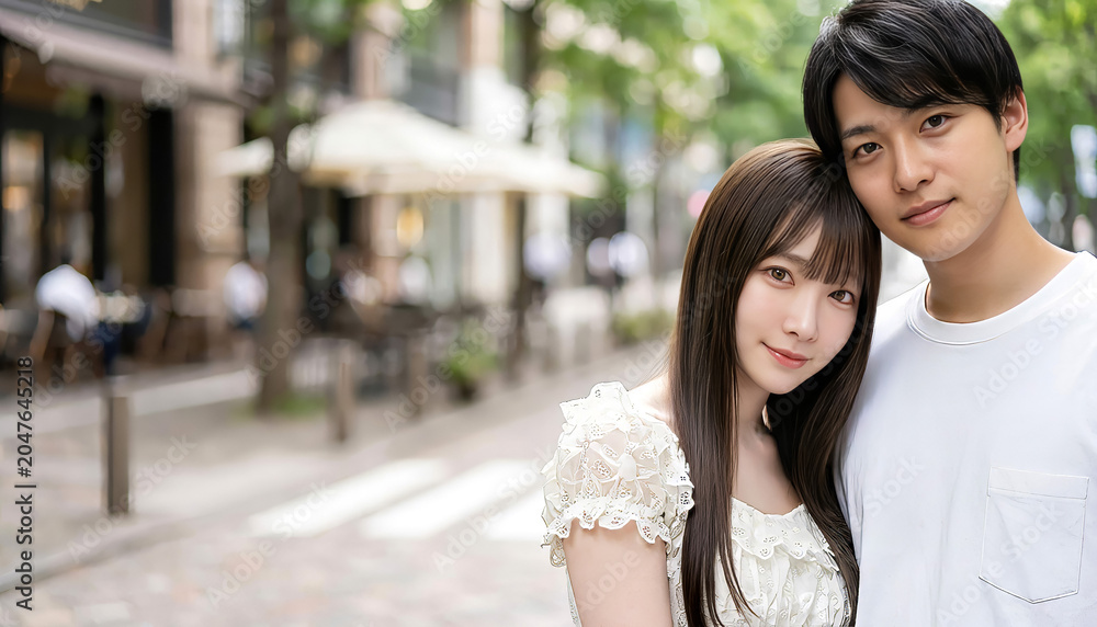 Fototapeta premium Young Japanese Couple Portrait in Urban Street with Copy Space