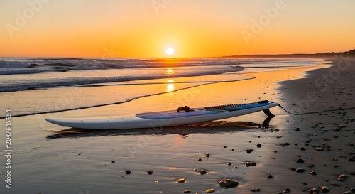 White surfboard resting on a sandy beach during a beautiful golden sunset by the ocean