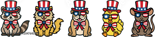 Cute cartoon animals set featuring raccoon, cat, dog, chick, and mouse wearing Uncle Sam hats and American flag sunglasses for 4th of July.